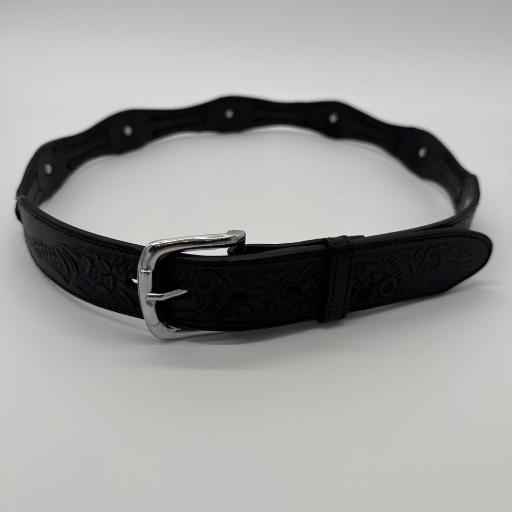 Cindilo Concha Belt Tooled Handcrafted Black Leather Western Tapered Size 36